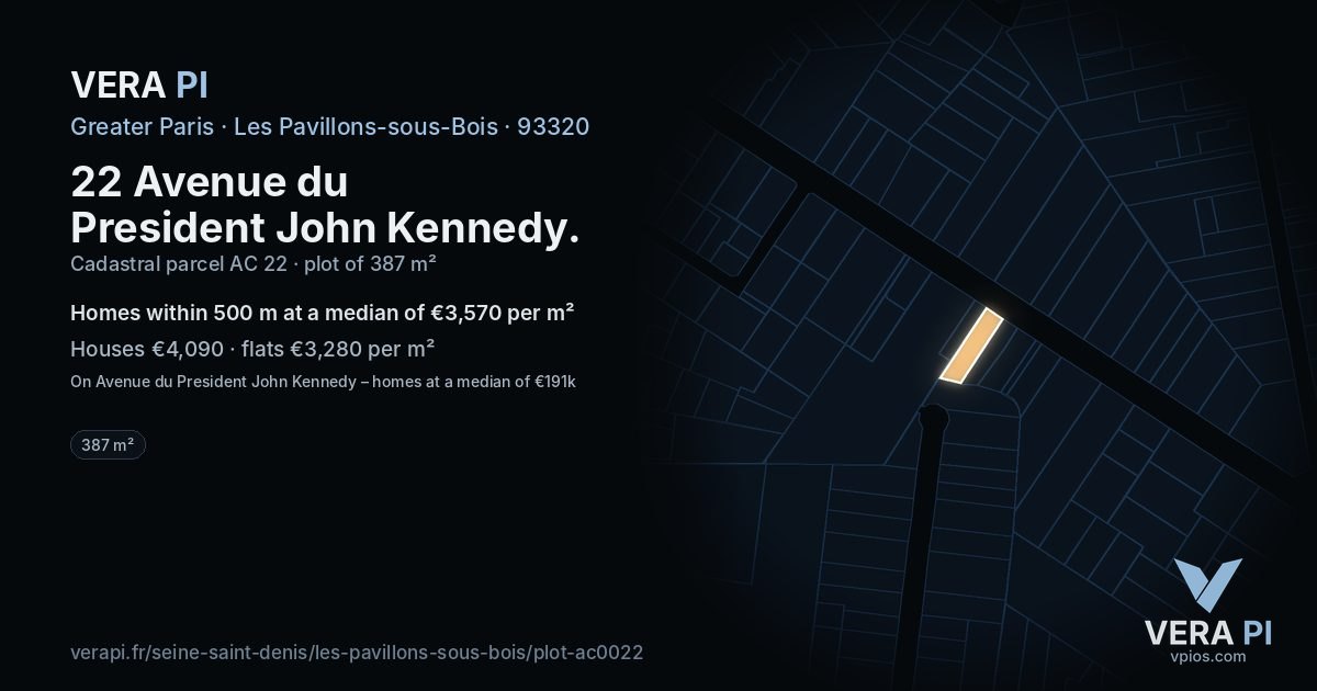 22 Avenue du President John Kennedy, Les Pavillons-sous-Bois at night – the plot lit, the parcels around coloured by the prices near them