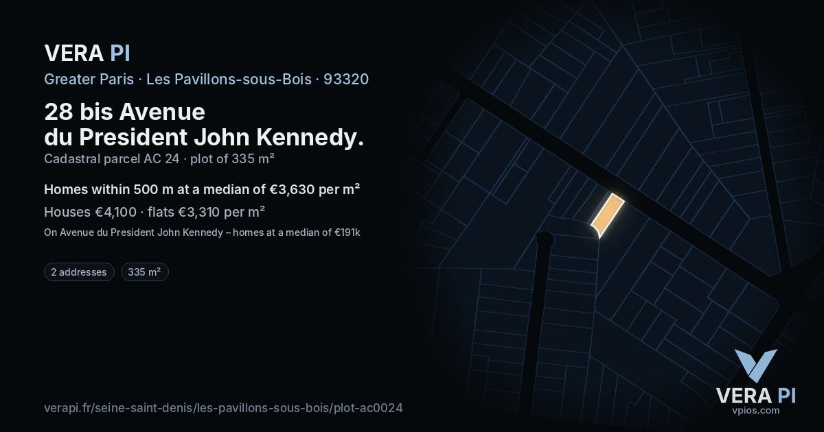 28 bis Avenue du President John Kennedy, Les Pavillons-sous-Bois at night – the plot lit, the parcels around coloured by the prices near them