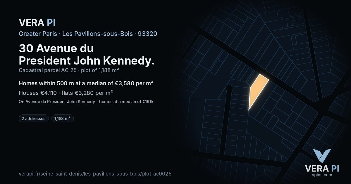 30 Avenue du President John Kennedy, Les Pavillons-sous-Bois at night – the plot lit, the parcels around coloured by the prices near them