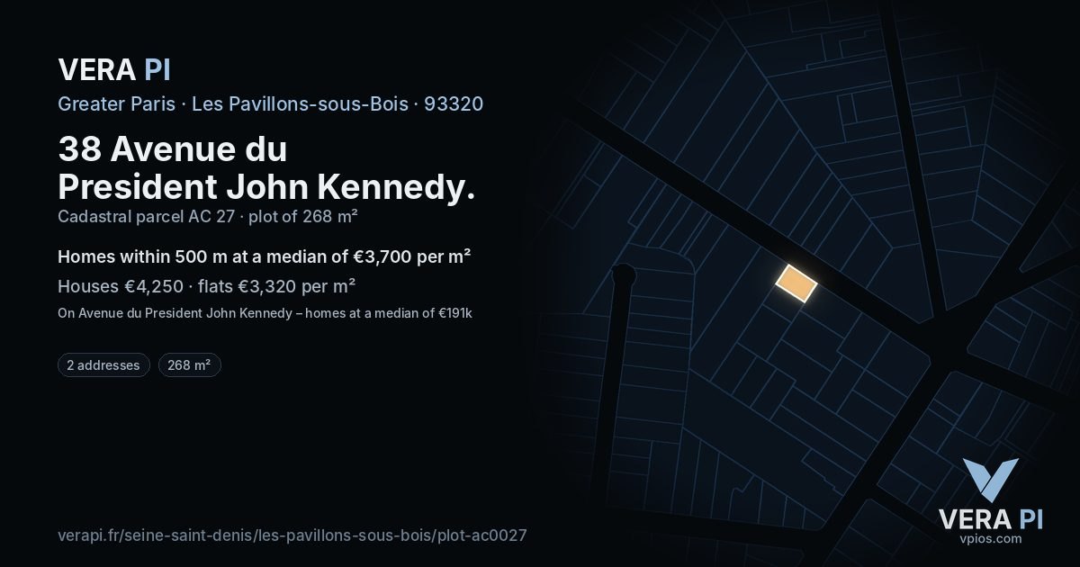 38 Avenue du President John Kennedy, Les Pavillons-sous-Bois at night – the plot lit, the parcels around coloured by the prices near them