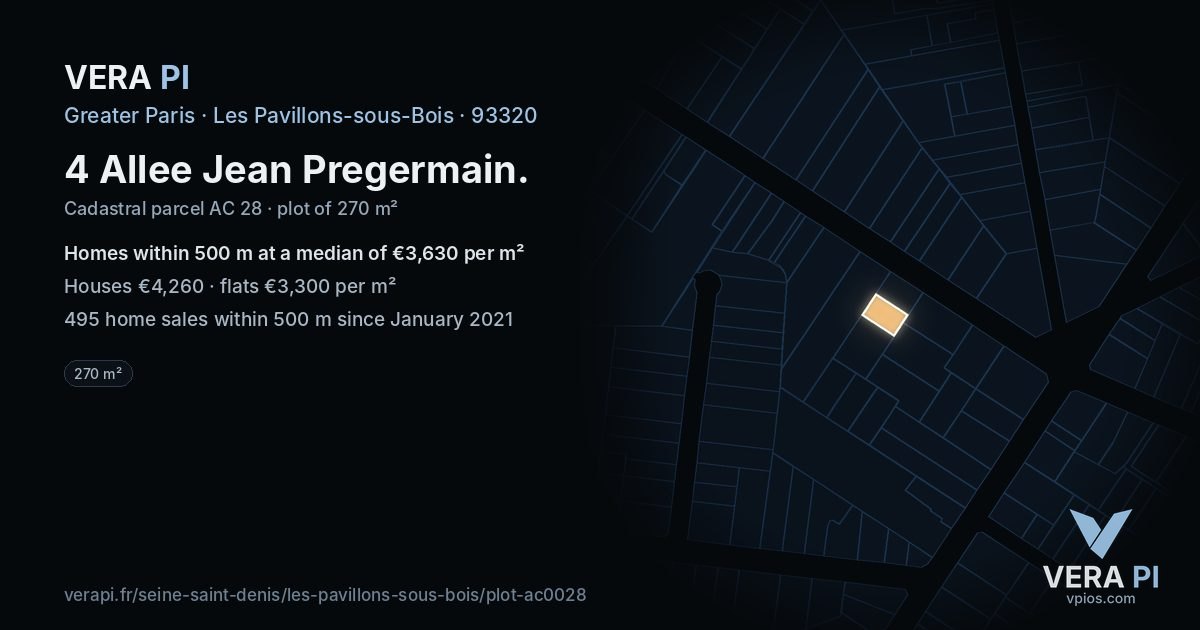 4 Allee Jean Pregermain, Les Pavillons-sous-Bois at night – the plot lit, the parcels around coloured by the prices near them