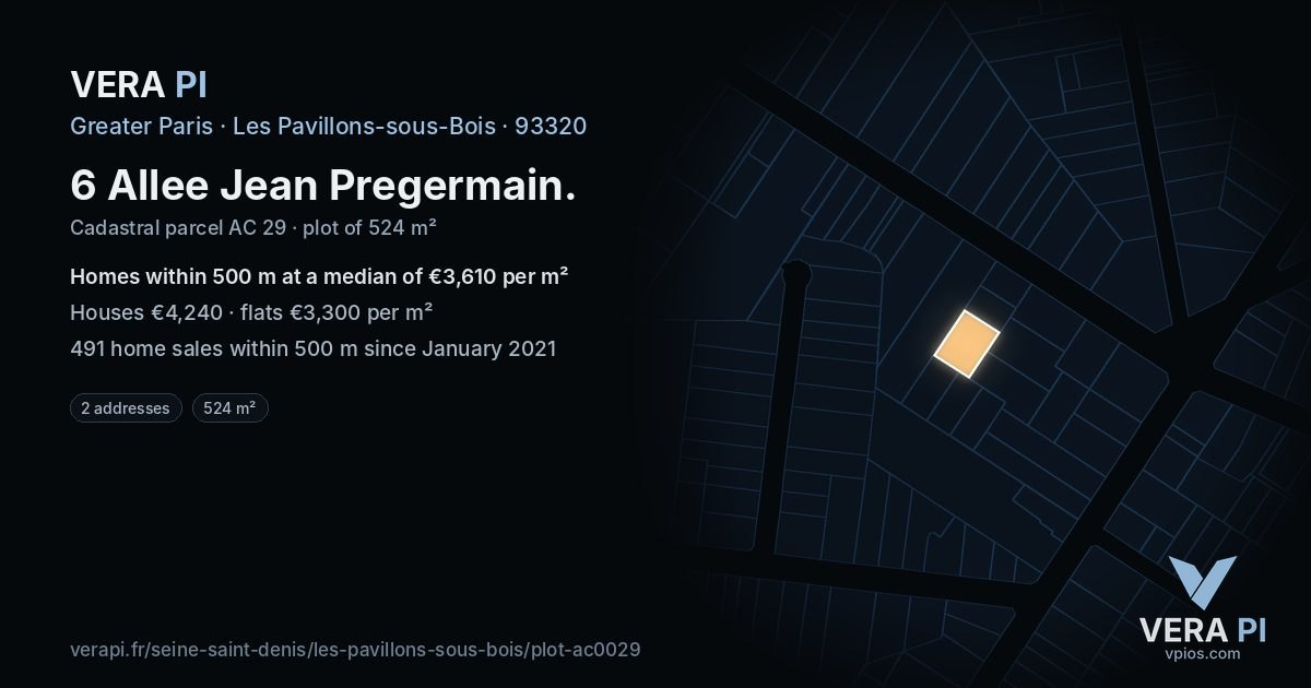 6 Allee Jean Pregermain, Les Pavillons-sous-Bois at night – the plot lit, the parcels around coloured by the prices near them