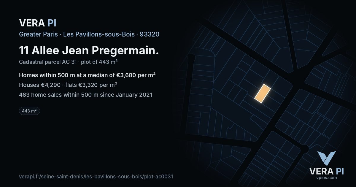 11 Allee Jean Pregermain, Les Pavillons-sous-Bois at night – the plot lit, the parcels around coloured by the prices near them