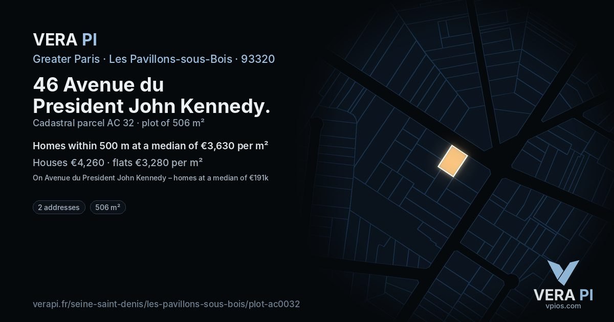 46 Avenue du President John Kennedy, Les Pavillons-sous-Bois at night – the plot lit, the parcels around coloured by the prices near them