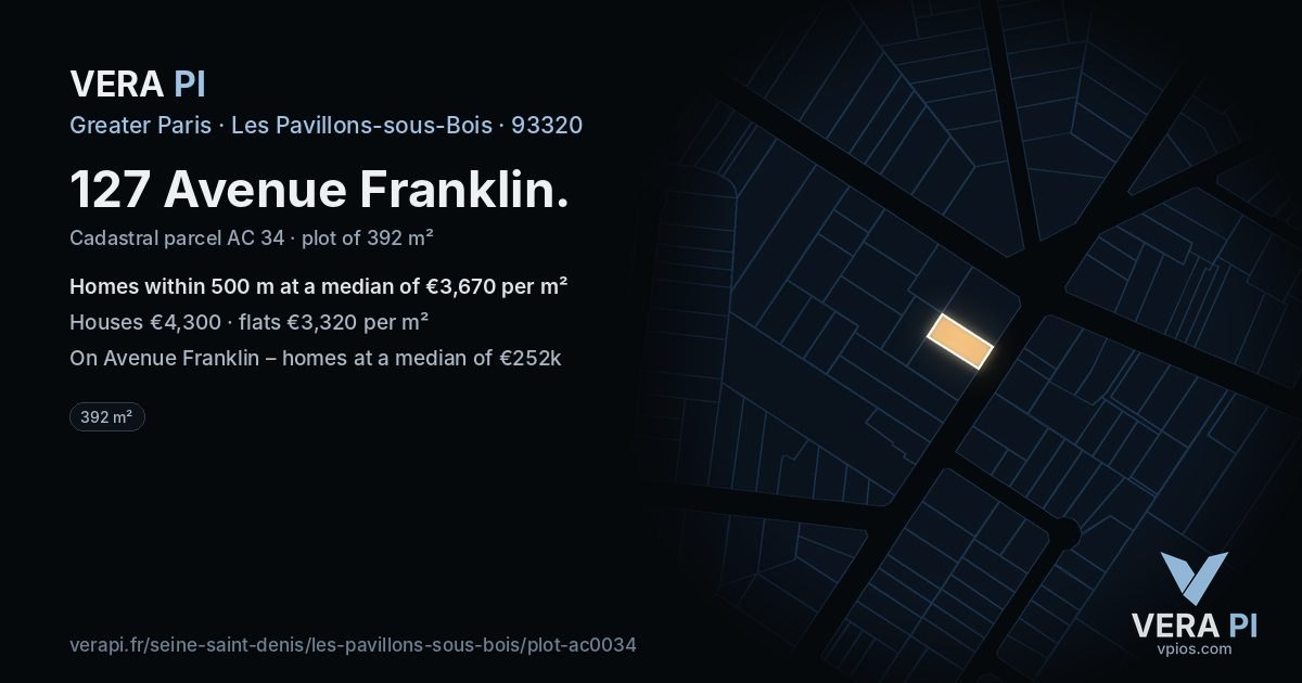 127 Avenue Franklin, Les Pavillons-sous-Bois at night – the plot lit, the parcels around coloured by the prices near them