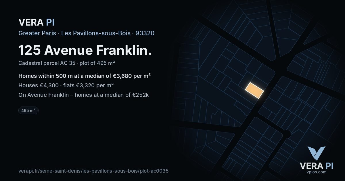 125 Avenue Franklin, Les Pavillons-sous-Bois at night – the plot lit, the parcels around coloured by the prices near them