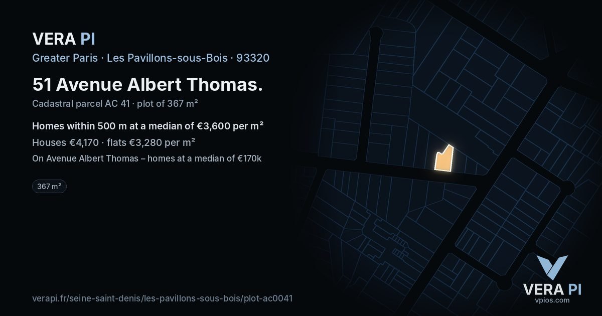 51 Avenue Albert Thomas, Les Pavillons-sous-Bois at night – the plot lit, the parcels around coloured by the prices near them