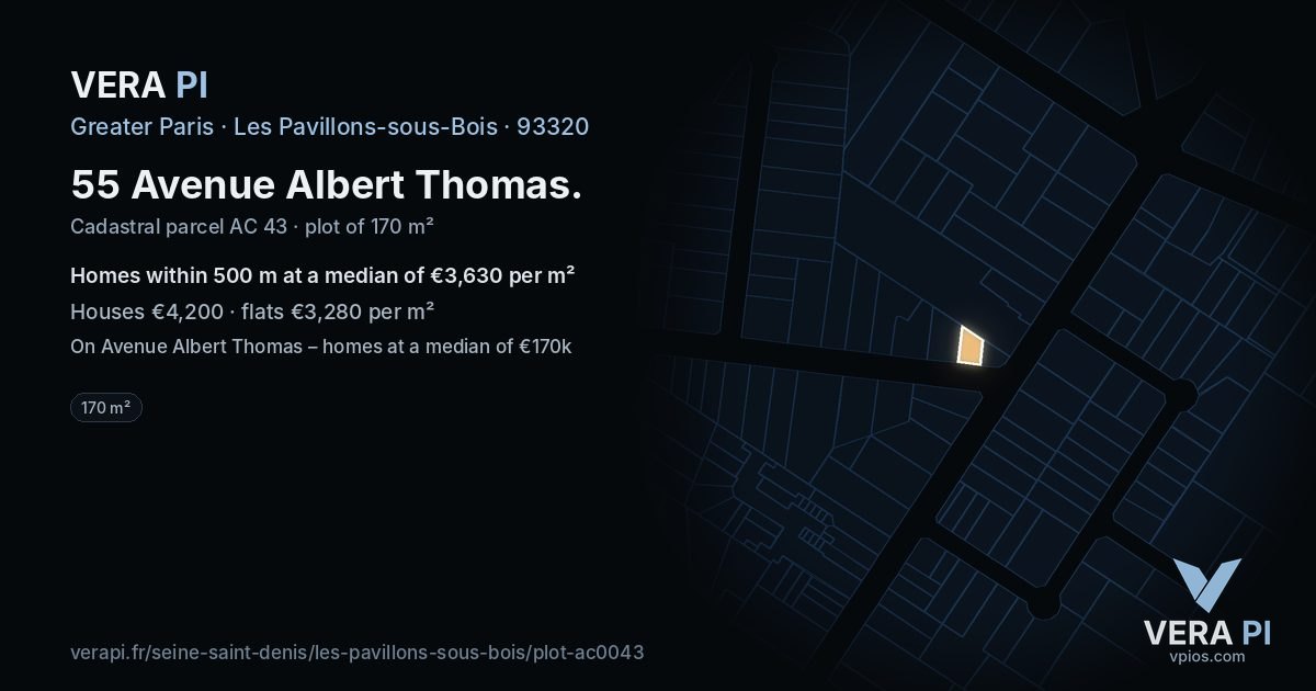 55 Avenue Albert Thomas, Les Pavillons-sous-Bois at night – the plot lit, the parcels around coloured by the prices near them