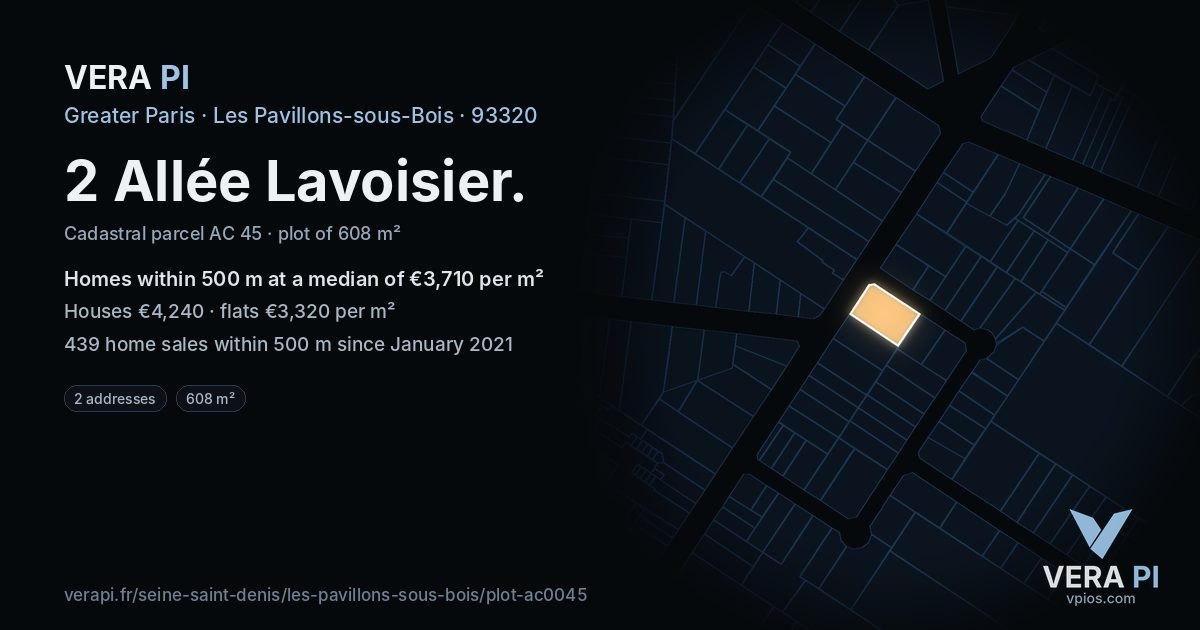 2 Allée Lavoisier, Les Pavillons-sous-Bois at night – the plot lit, the parcels around coloured by the prices near them