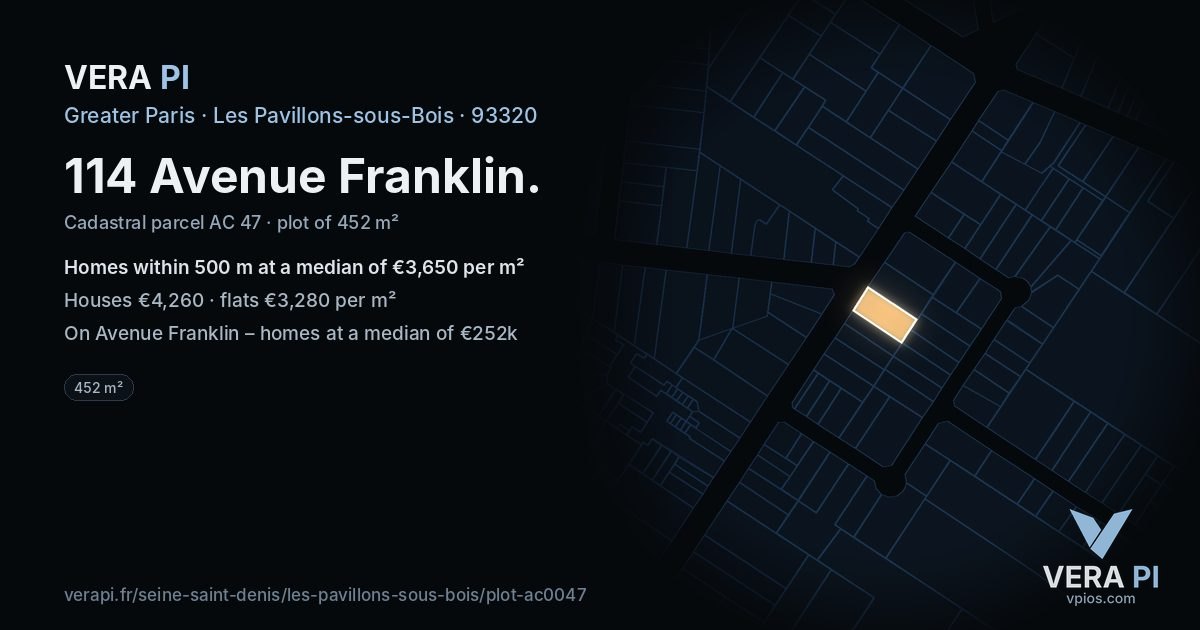 114 Avenue Franklin, Les Pavillons-sous-Bois at night – the plot lit, the parcels around coloured by the prices near them