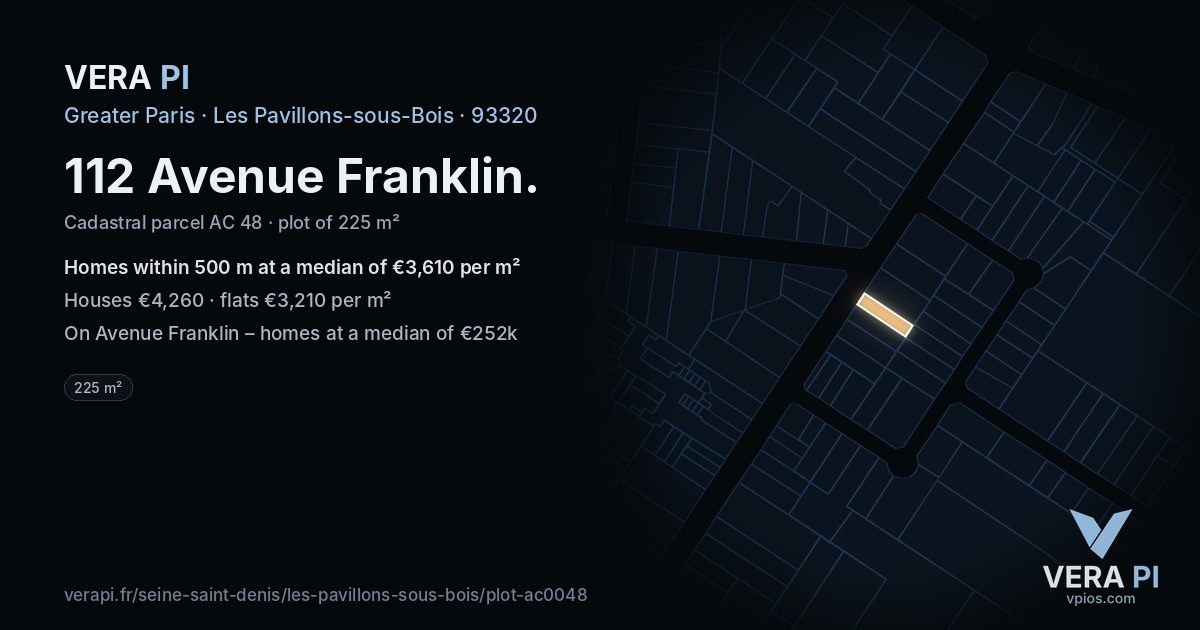 112 Avenue Franklin, Les Pavillons-sous-Bois at night – the plot lit, the parcels around coloured by the prices near them