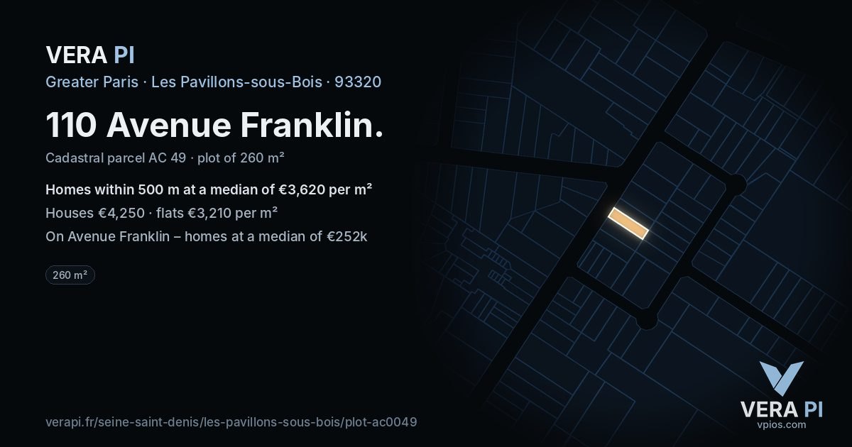 110 Avenue Franklin, Les Pavillons-sous-Bois at night – the plot lit, the parcels around coloured by the prices near them