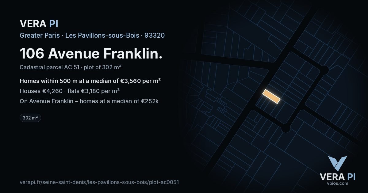 106 Avenue Franklin, Les Pavillons-sous-Bois at night – the plot lit, the parcels around coloured by the prices near them