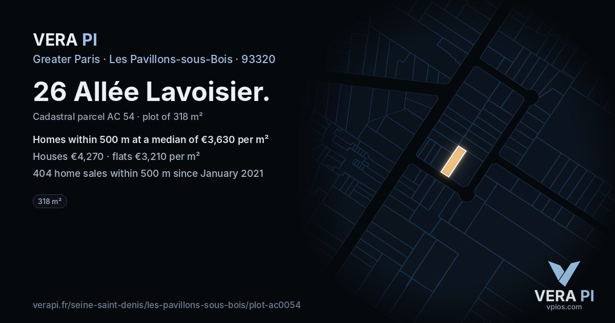 26 Allée Lavoisier, Les Pavillons-sous-Bois at night – the plot lit, the parcels around coloured by the prices near them
