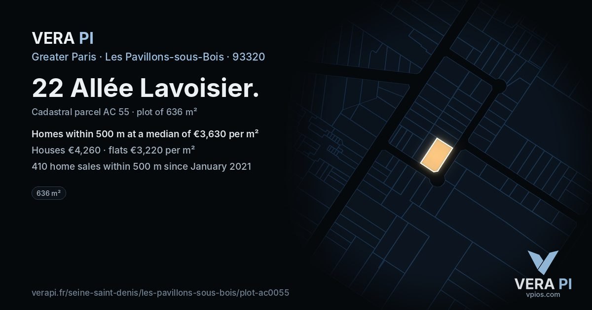22 Allée Lavoisier, Les Pavillons-sous-Bois at night – the plot lit, the parcels around coloured by the prices near them