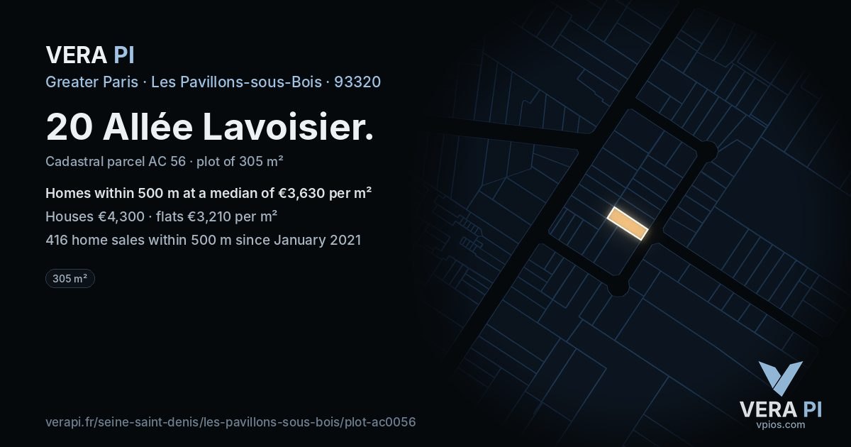 20 Allée Lavoisier, Les Pavillons-sous-Bois at night – the plot lit, the parcels around coloured by the prices near them