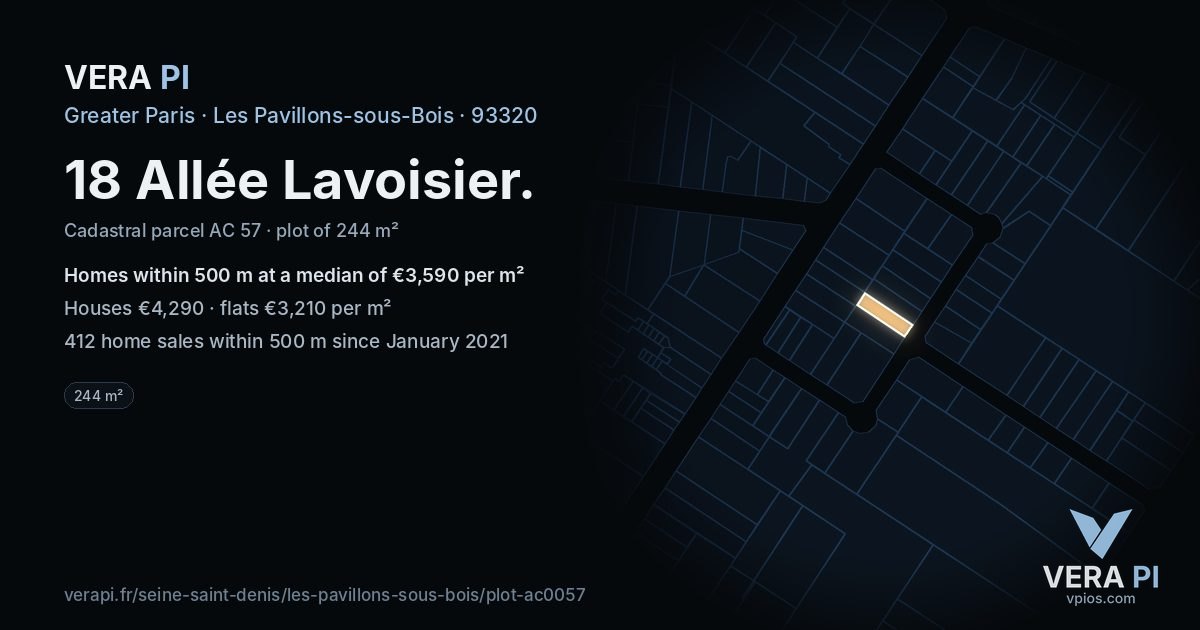 18 Allée Lavoisier, Les Pavillons-sous-Bois at night – the plot lit, the parcels around coloured by the prices near them