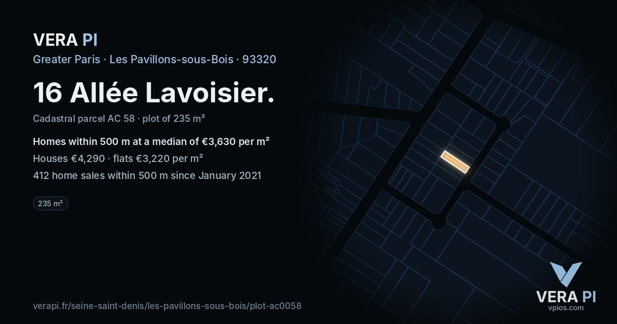 16 Allée Lavoisier, Les Pavillons-sous-Bois at night – the plot lit, the parcels around coloured by the prices near them