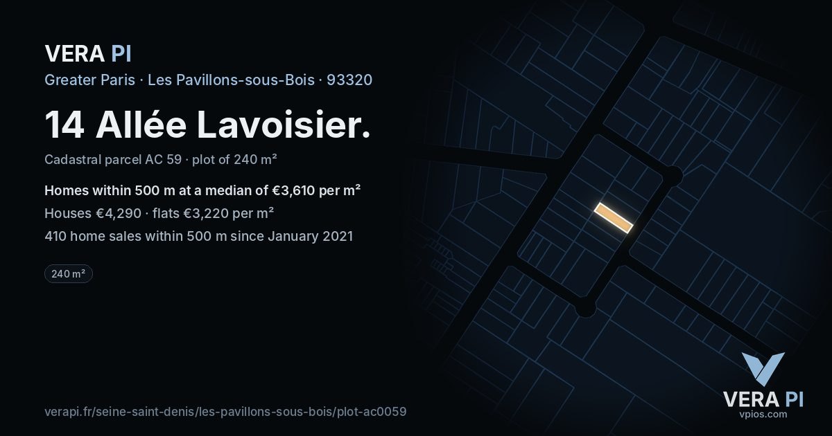 14 Allée Lavoisier, Les Pavillons-sous-Bois at night – the plot lit, the parcels around coloured by the prices near them