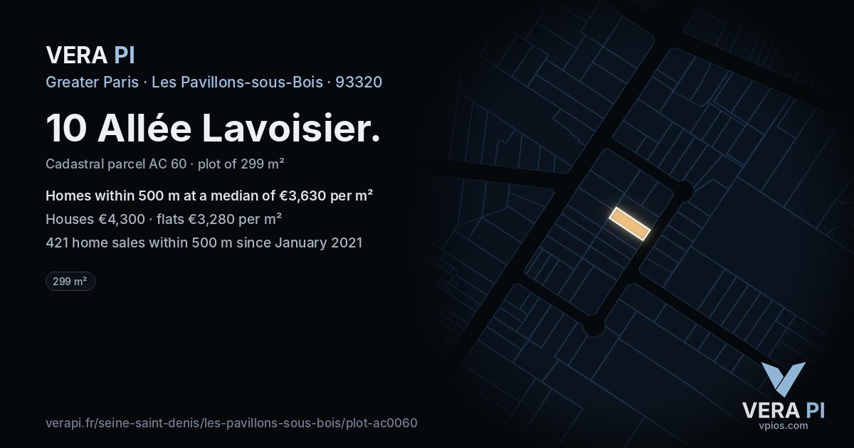 10 Allée Lavoisier, Les Pavillons-sous-Bois at night – the plot lit, the parcels around coloured by the prices near them