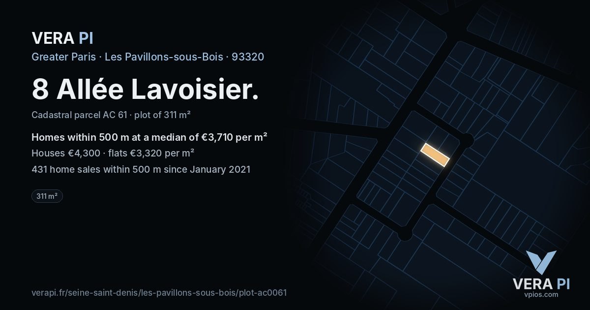 8 Allée Lavoisier, Les Pavillons-sous-Bois at night – the plot lit, the parcels around coloured by the prices near them