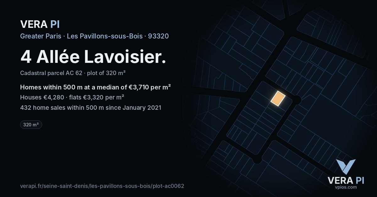 4 Allée Lavoisier, Les Pavillons-sous-Bois at night – the plot lit, the parcels around coloured by the prices near them