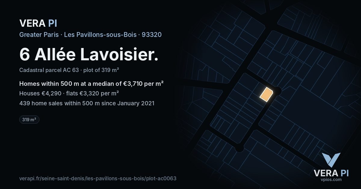 6 Allée Lavoisier, Les Pavillons-sous-Bois at night – the plot lit, the parcels around coloured by the prices near them