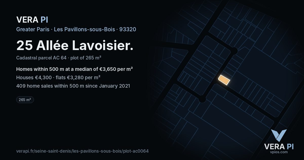 25 Allée Lavoisier, Les Pavillons-sous-Bois at night – the plot lit, the parcels around coloured by the prices near them