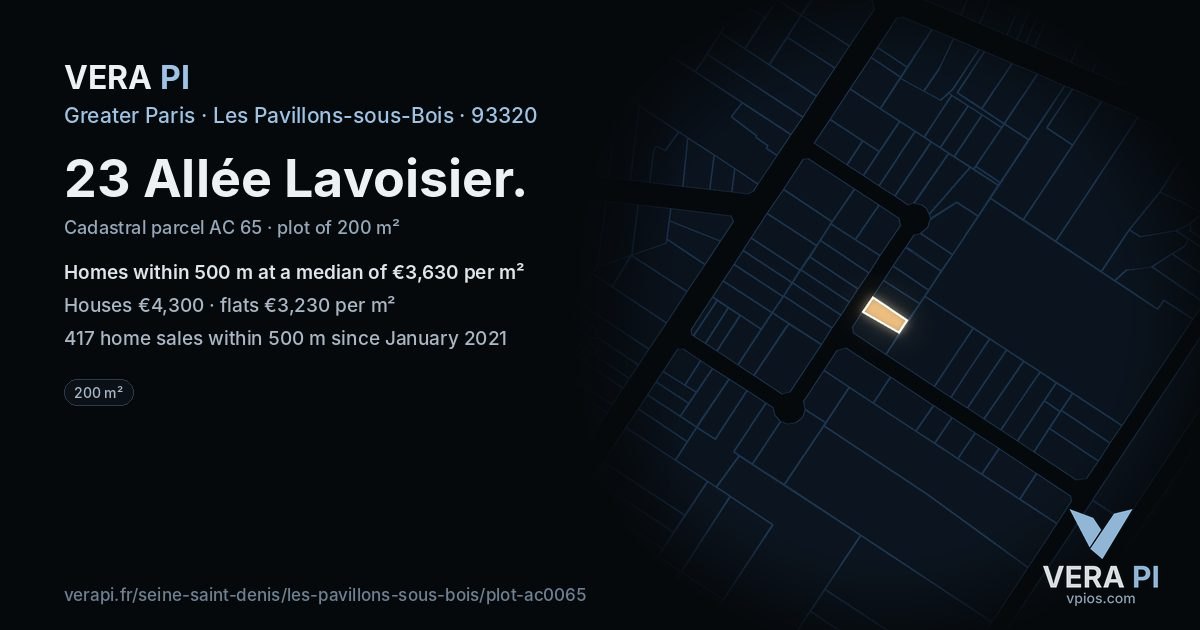 23 Allée Lavoisier, Les Pavillons-sous-Bois at night – the plot lit, the parcels around coloured by the prices near them