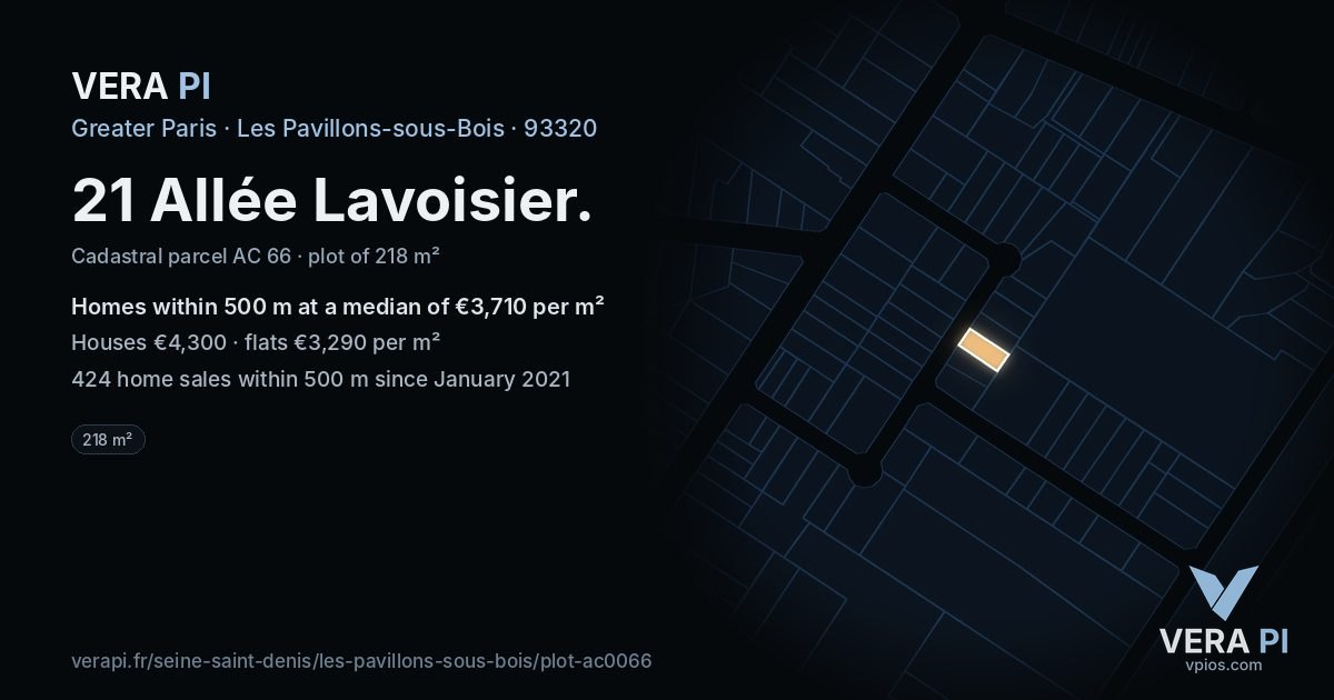 21 Allée Lavoisier, Les Pavillons-sous-Bois at night – the plot lit, the parcels around coloured by the prices near them
