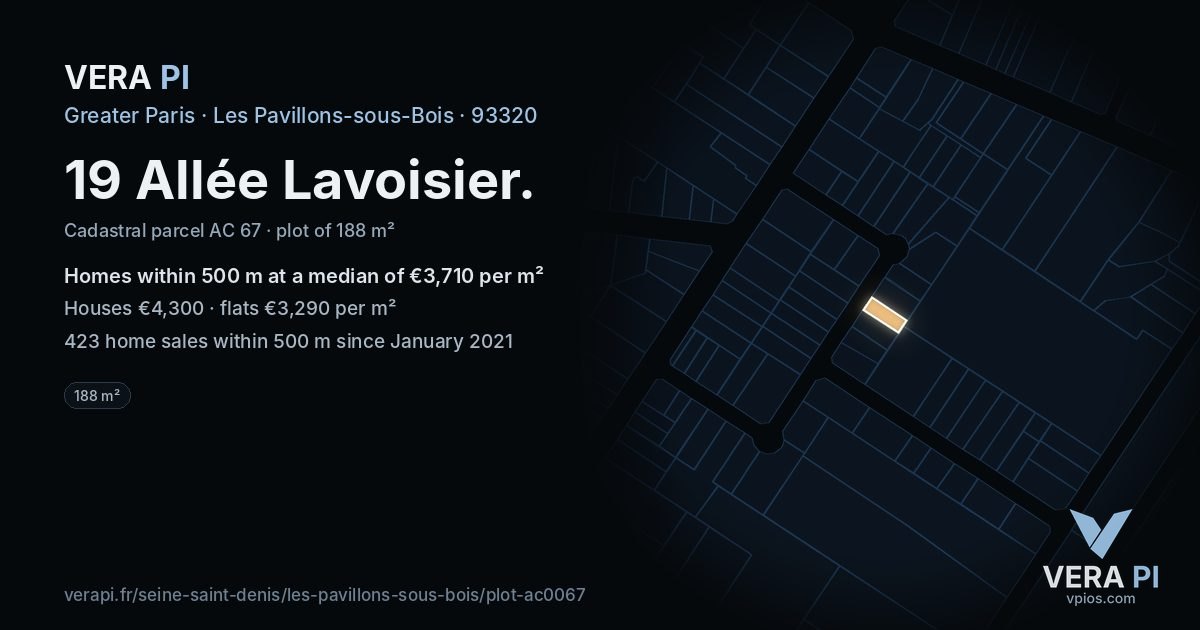 19 Allée Lavoisier, Les Pavillons-sous-Bois at night – the plot lit, the parcels around coloured by the prices near them