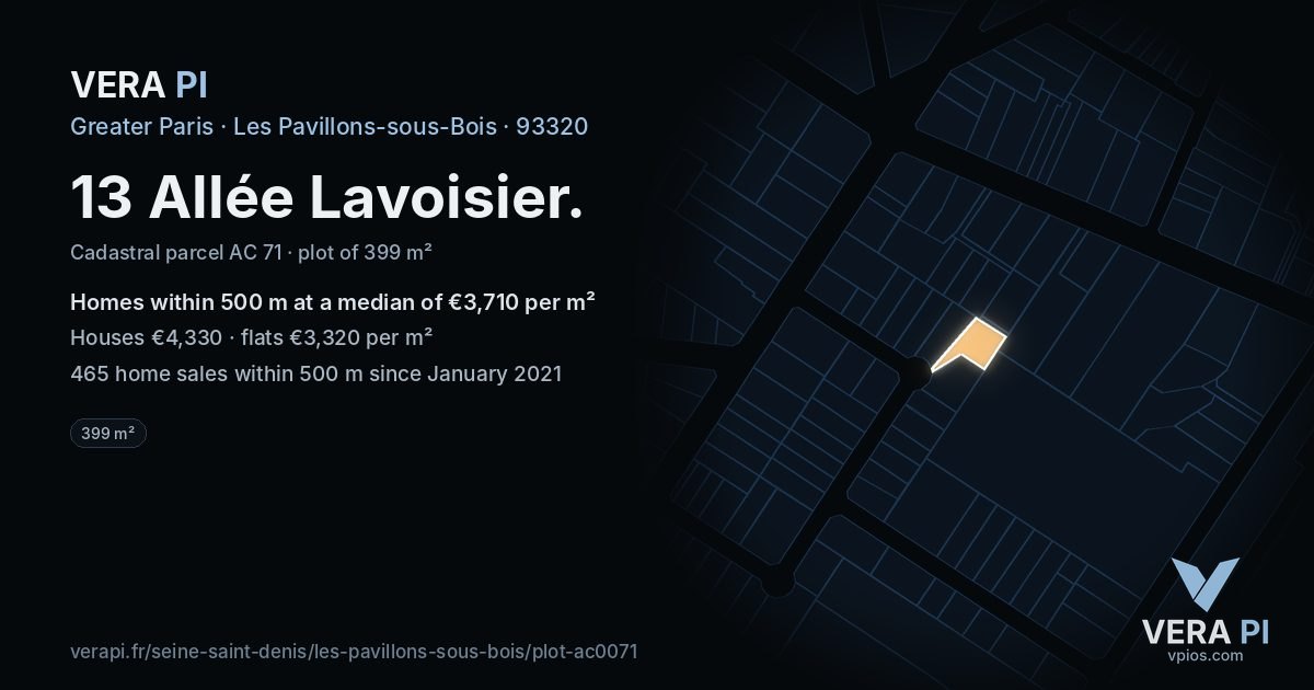 13 Allée Lavoisier, Les Pavillons-sous-Bois at night – the plot lit, the parcels around coloured by the prices near them