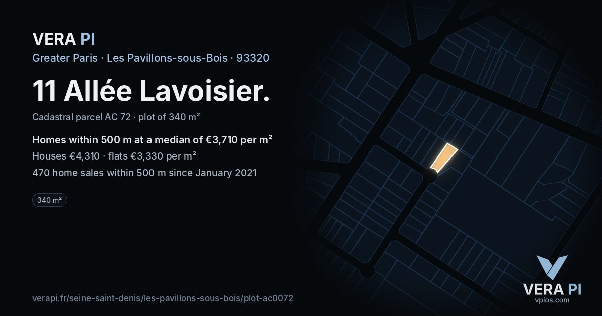 11 Allée Lavoisier, Les Pavillons-sous-Bois at night – the plot lit, the parcels around coloured by the prices near them