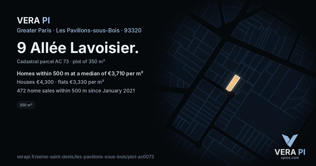 9 Allée Lavoisier, Les Pavillons-sous-Bois at night – the plot lit, the parcels around coloured by the prices near them