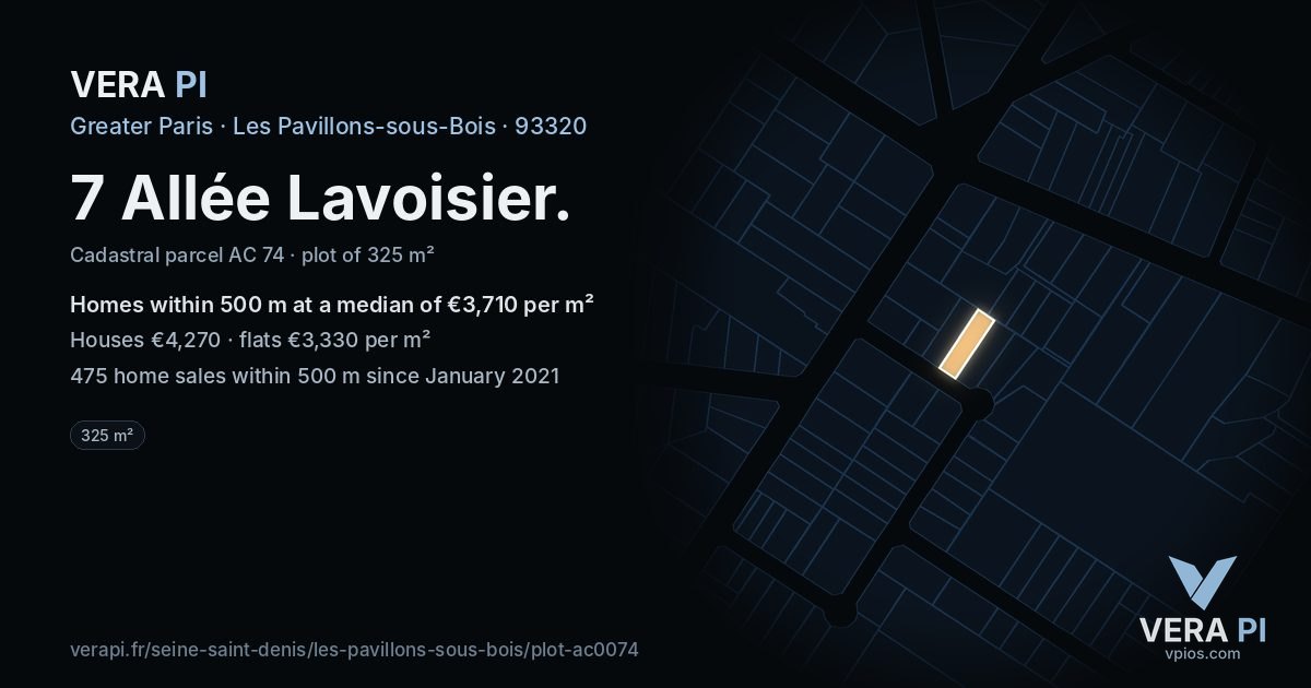 7 Allée Lavoisier, Les Pavillons-sous-Bois at night – the plot lit, the parcels around coloured by the prices near them