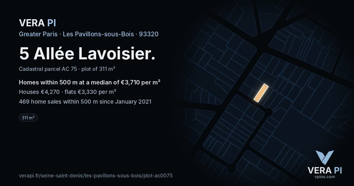 5 Allée Lavoisier, Les Pavillons-sous-Bois at night – the plot lit, the parcels around coloured by the prices near them