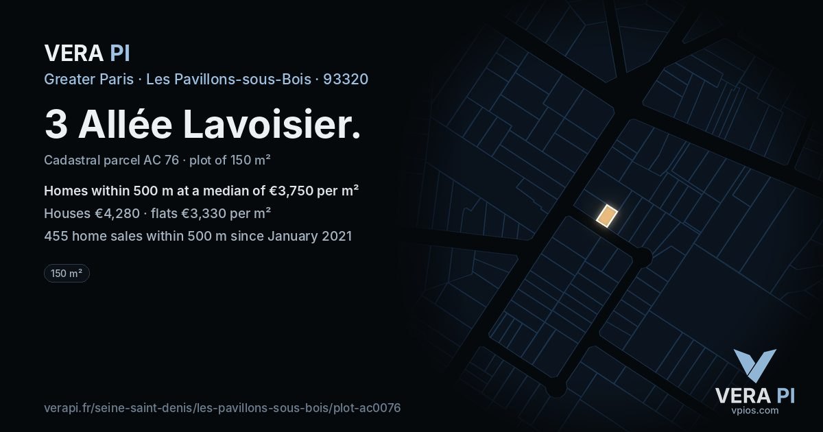 3 Allée Lavoisier, Les Pavillons-sous-Bois at night – the plot lit, the parcels around coloured by the prices near them