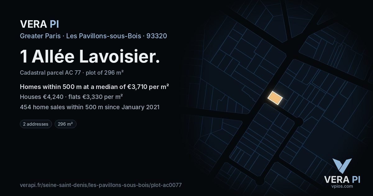 1 Allée Lavoisier, Les Pavillons-sous-Bois at night – the plot lit, the parcels around coloured by the prices near them