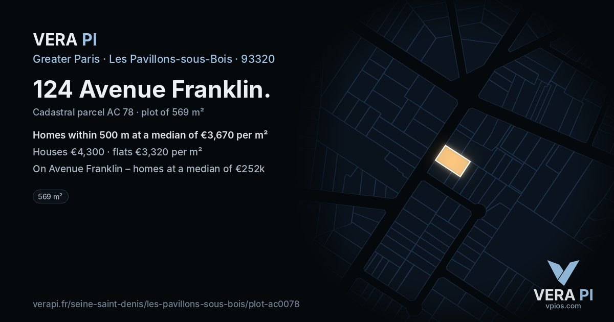 124 Avenue Franklin, Les Pavillons-sous-Bois at night – the plot lit, the parcels around coloured by the prices near them