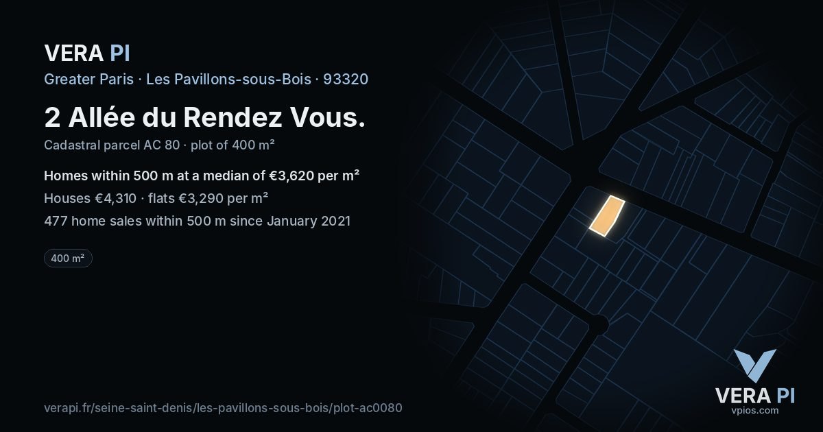 2 Allée du Rendez Vous, Les Pavillons-sous-Bois at night – the plot lit, the parcels around coloured by the prices near them