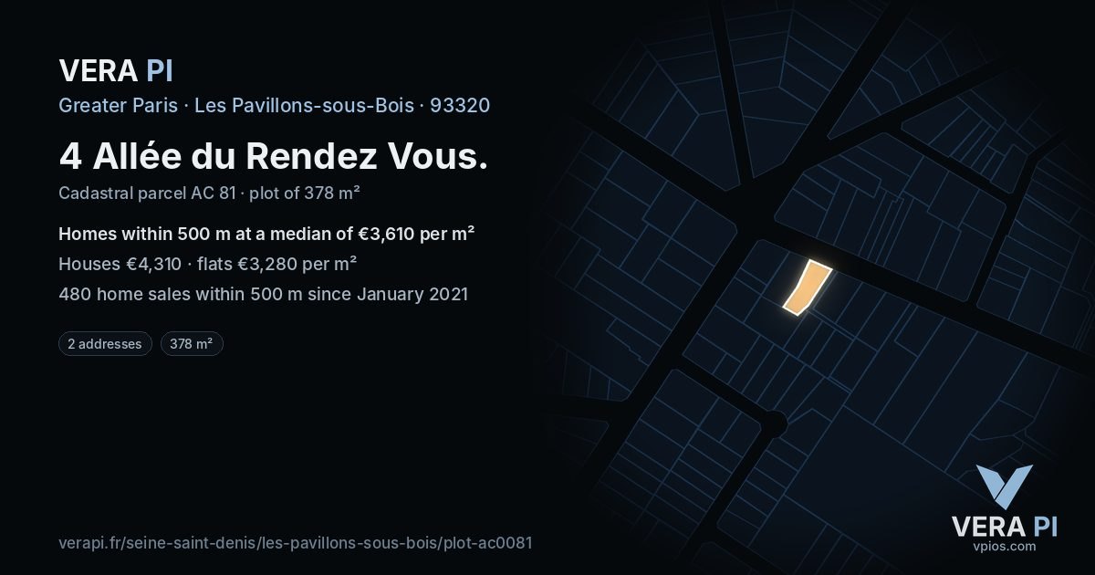 4 Allée du Rendez Vous, Les Pavillons-sous-Bois at night – the plot lit, the parcels around coloured by the prices near them