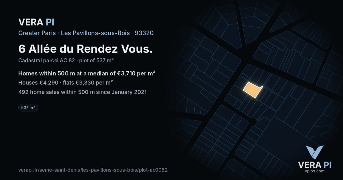 6 Allée du Rendez Vous, Les Pavillons-sous-Bois at night – the plot lit, the parcels around coloured by the prices near them