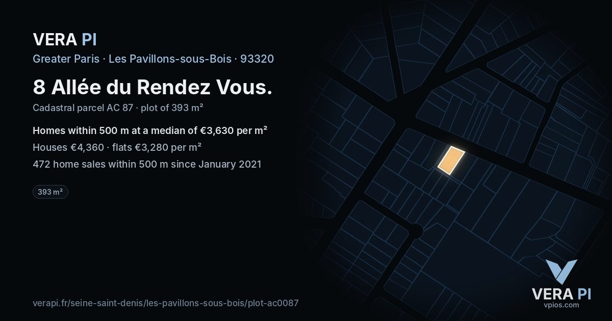 8 Allée du Rendez Vous, Les Pavillons-sous-Bois at night – the plot lit, the parcels around coloured by the prices near them