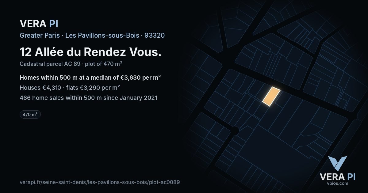 12 Allée du Rendez Vous, Les Pavillons-sous-Bois at night – the plot lit, the parcels around coloured by the prices near them