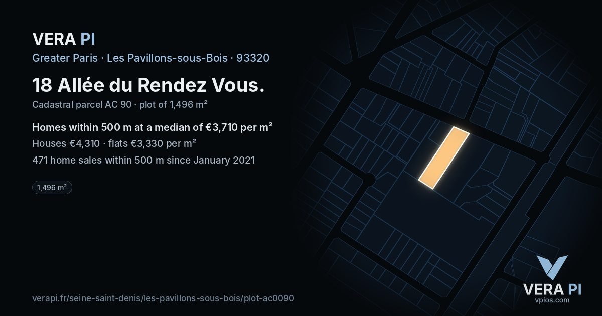 18 Allée du Rendez Vous, Les Pavillons-sous-Bois at night – the plot lit, the parcels around coloured by the prices near them