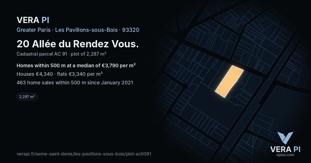 20 Allée du Rendez Vous, Les Pavillons-sous-Bois at night – the plot lit, the parcels around coloured by the prices near them