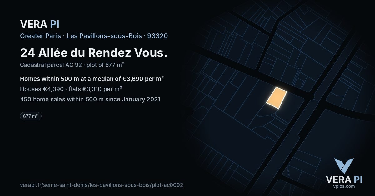 24 Allée du Rendez Vous, Les Pavillons-sous-Bois at night – the plot lit, the parcels around coloured by the prices near them