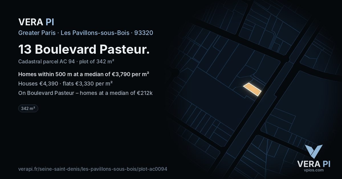 13 Boulevard Pasteur, Les Pavillons-sous-Bois at night – the plot lit, the parcels around coloured by the prices near them