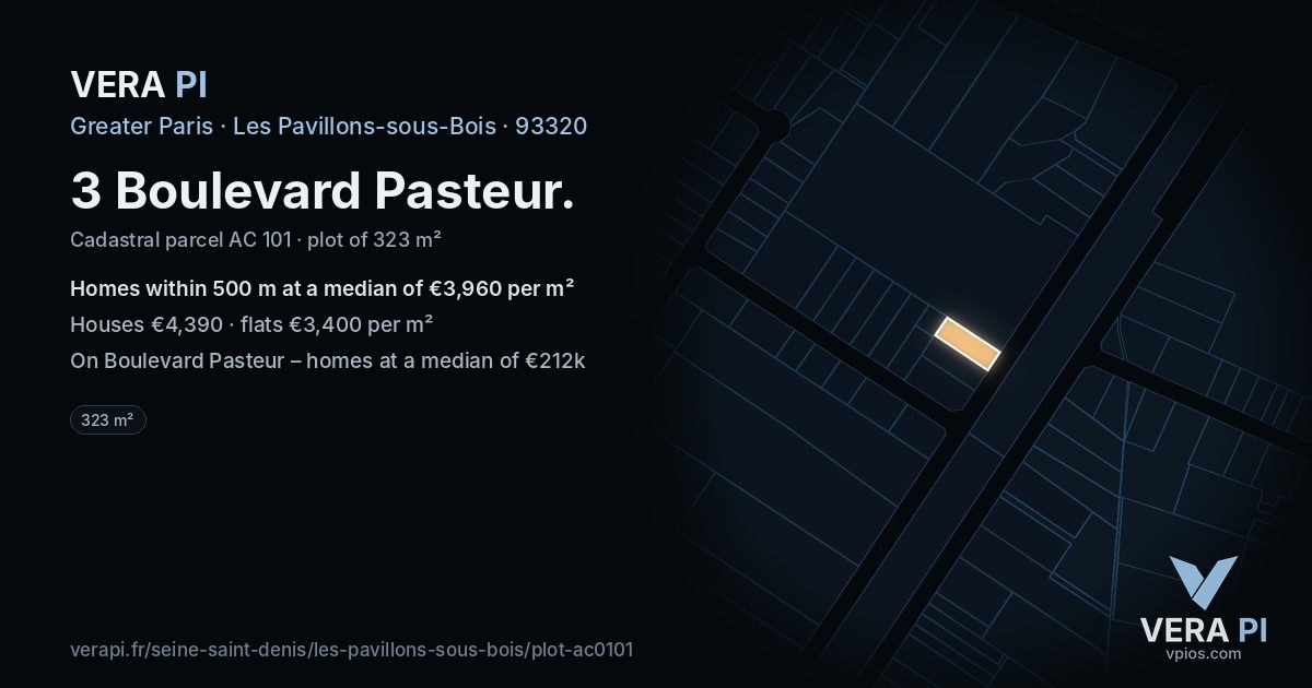 3 Boulevard Pasteur, Les Pavillons-sous-Bois at night – the plot lit, the parcels around coloured by the prices near them