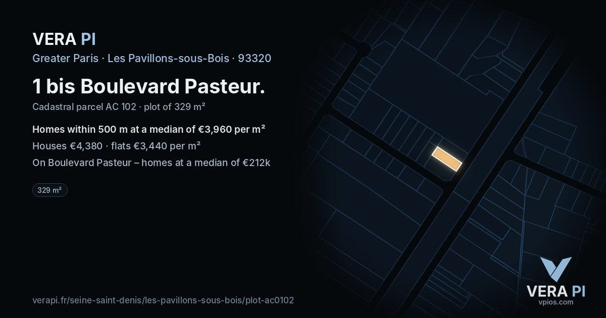 1 bis Boulevard Pasteur, Les Pavillons-sous-Bois at night – the plot lit, the parcels around coloured by the prices near them